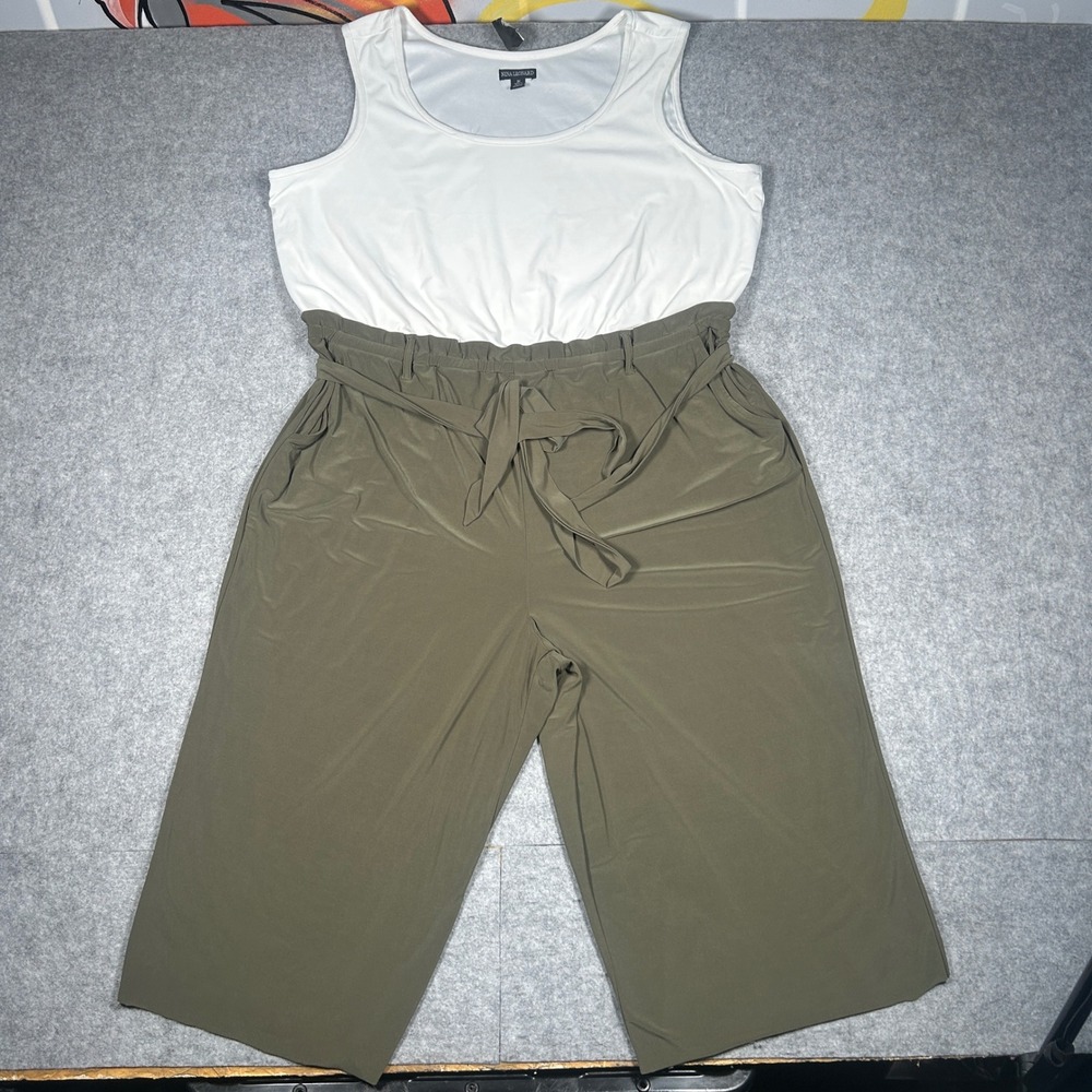 Nina Leonard Jumpsuit Women 3X White Olive Green Belted Wide Leg Sleeveless